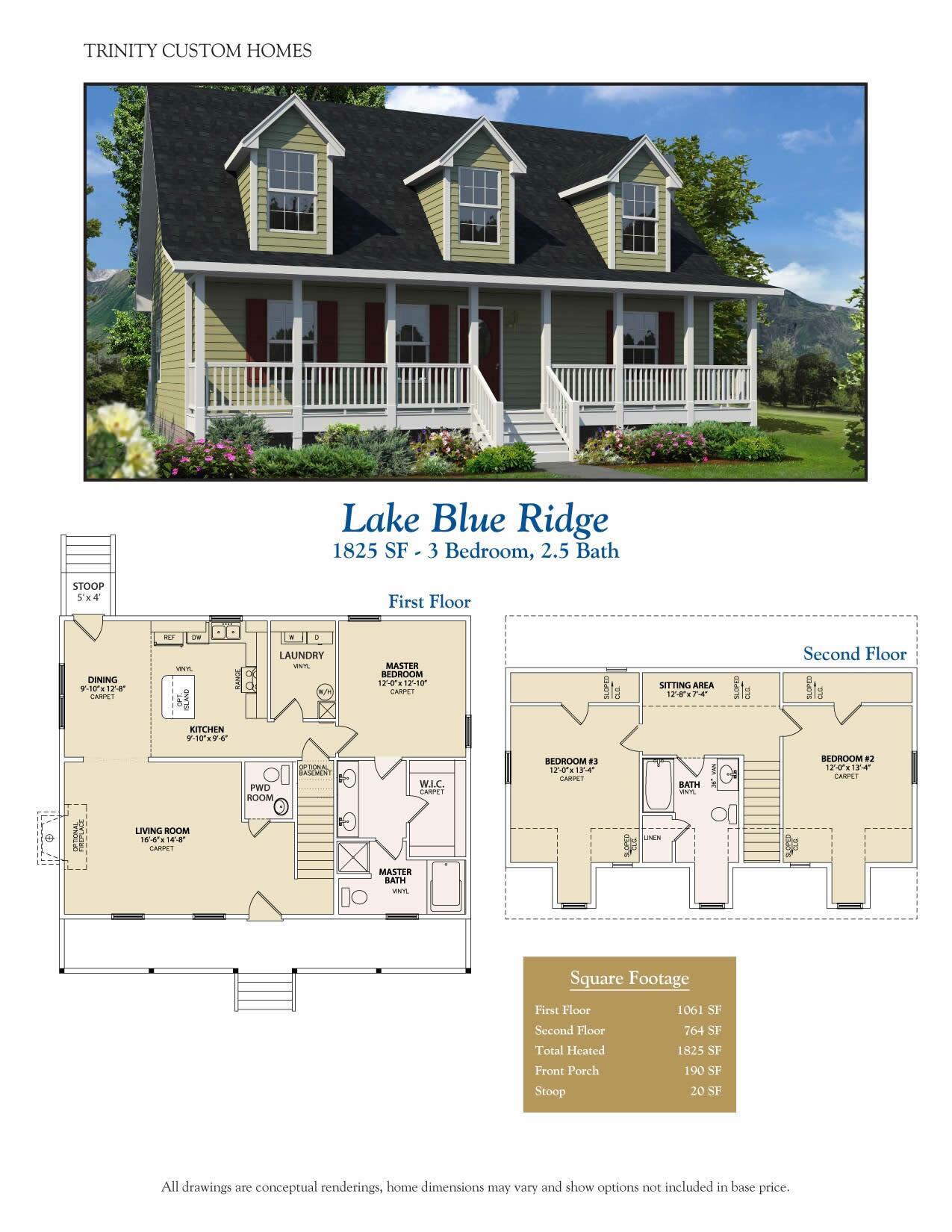 Lake Blue Ridge home with porch and stoop plus floor plans