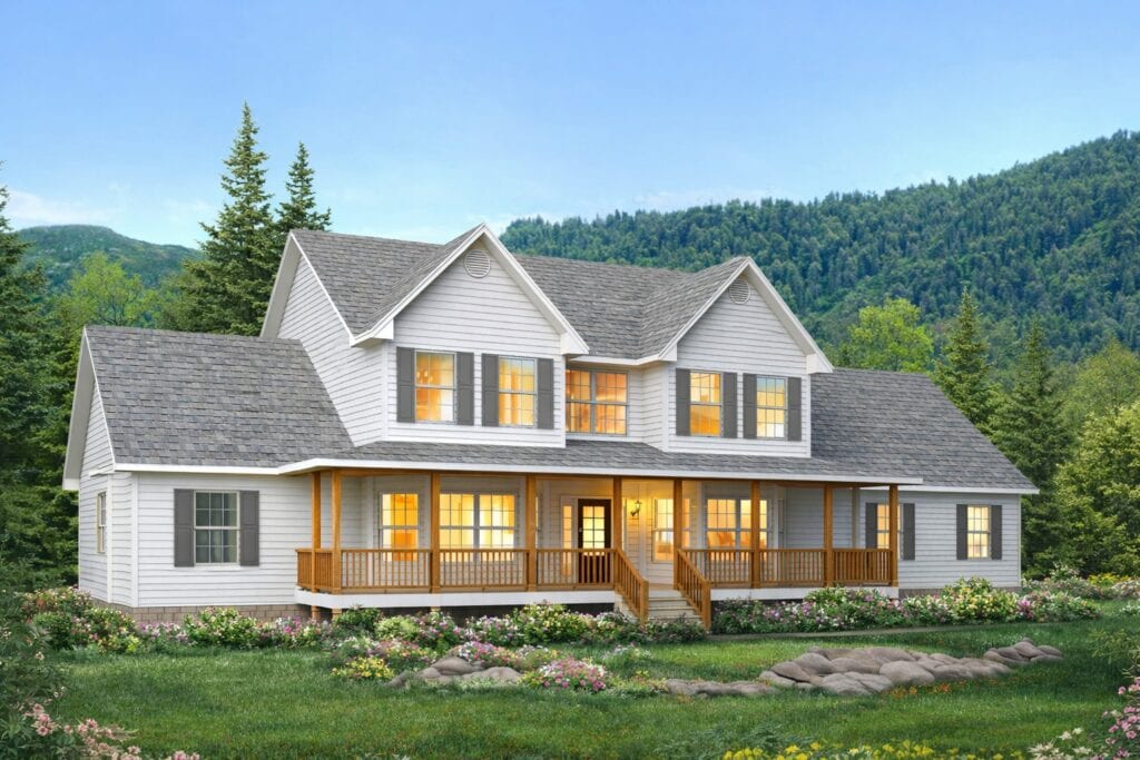 Beautiful custom home in Birmingham with a large wooden porch, white siding, and multiple gables, set against a scenic mountain backdrop. Perfect for luxury living and outdoor entertaining.