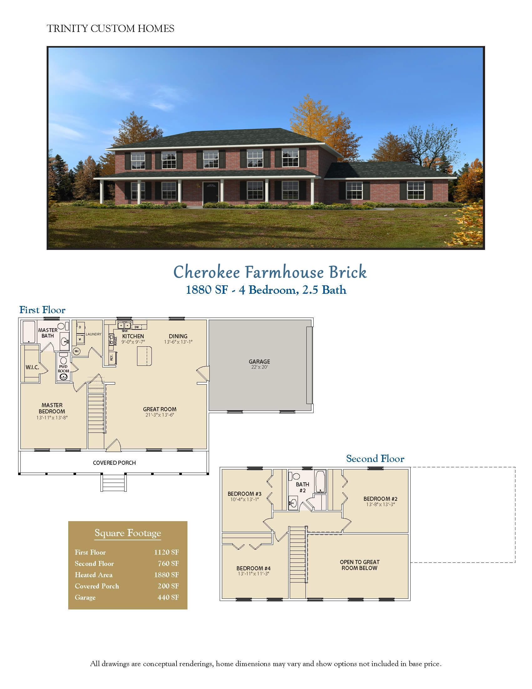 brick house rendering and floor plan