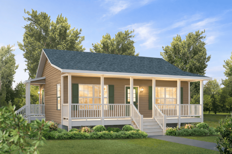 Beautiful country cabin with a spacious porch, surrounded by lush greenery and mature trees, perfect for relaxing in a peaceful rural setting.