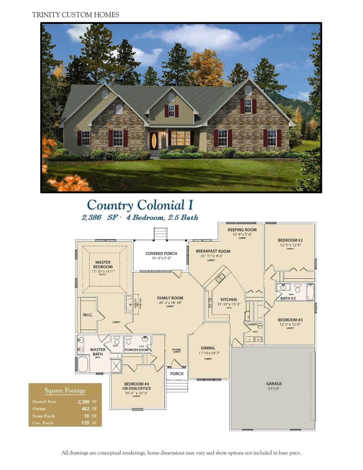 colonial home rendering and floor plan