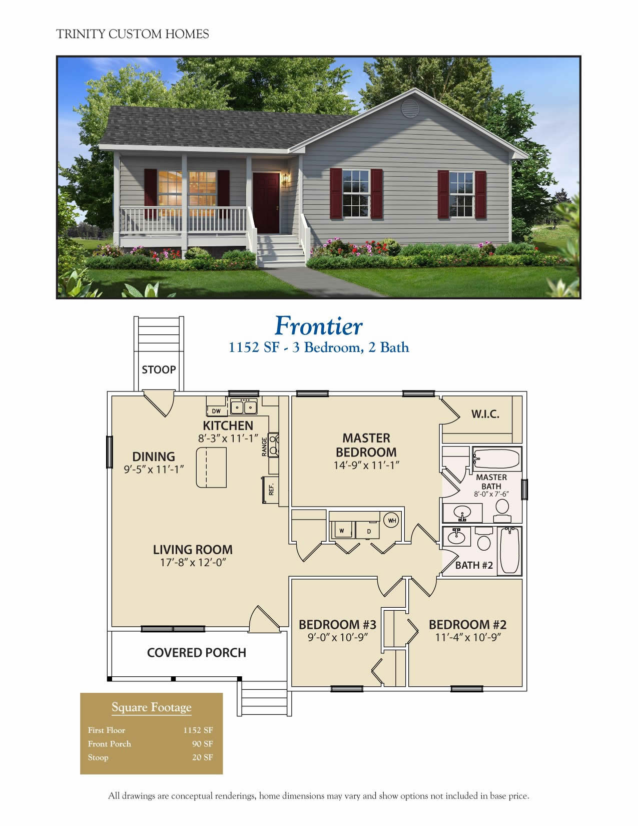 Frontier custom home rendering and floor plan