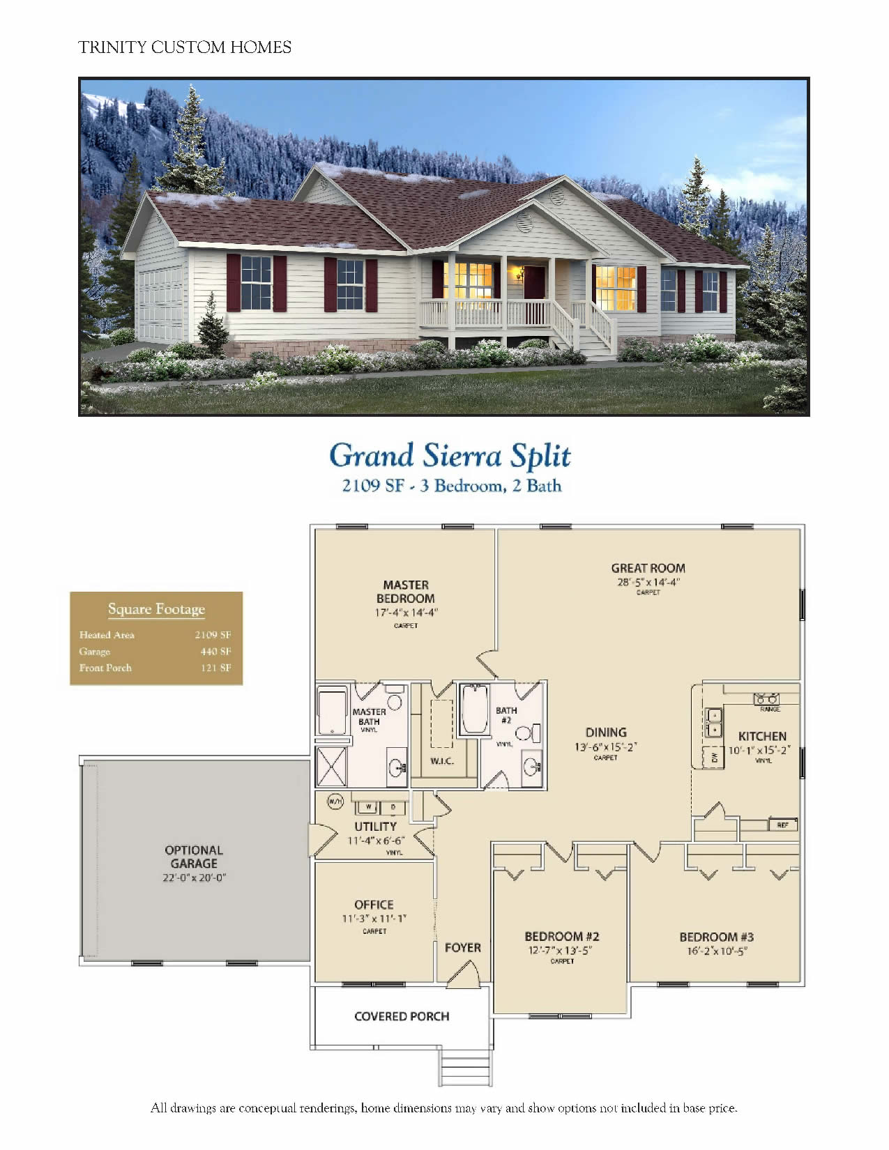 white grand sierra home rendering with porch and floor plans