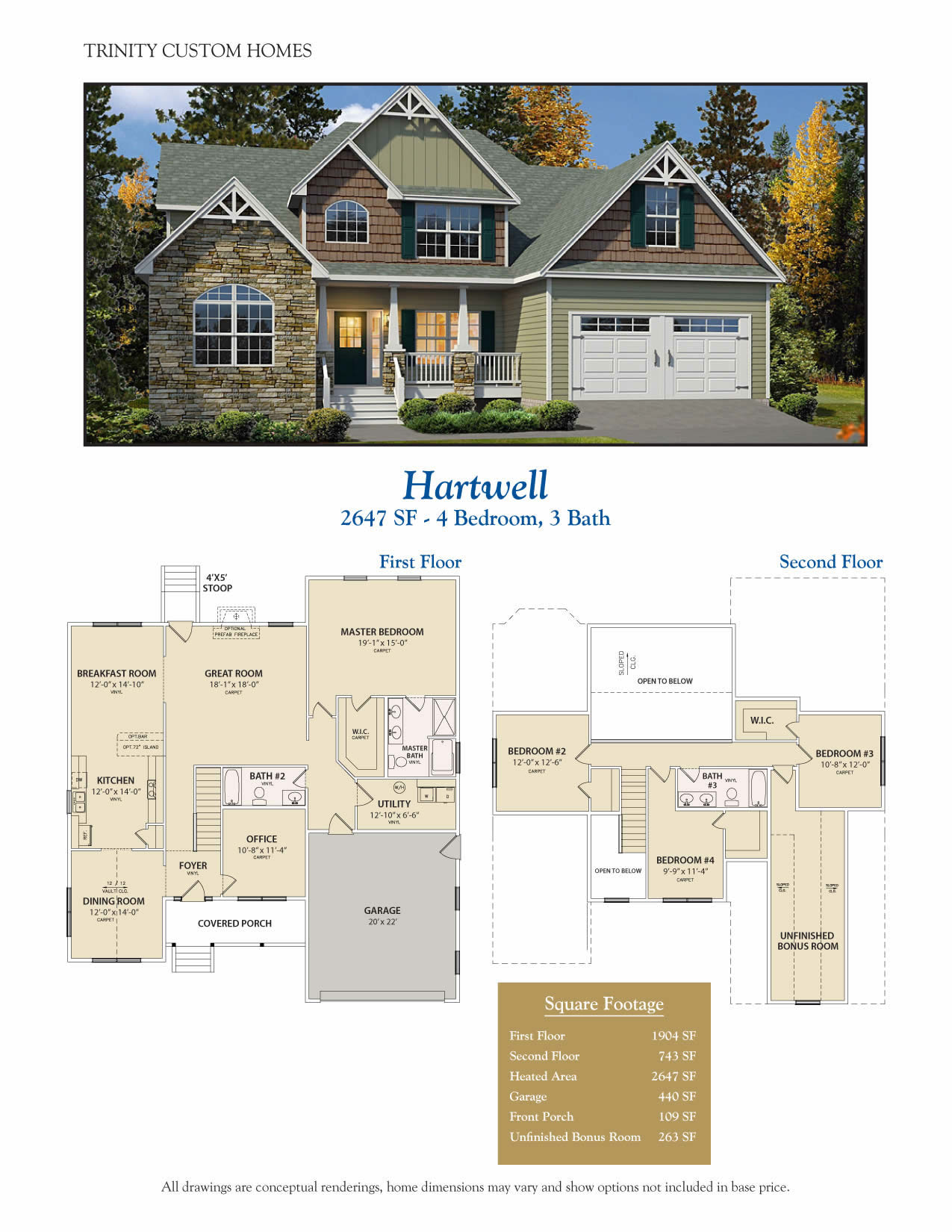 Hartwell home plan rendering and floor plans