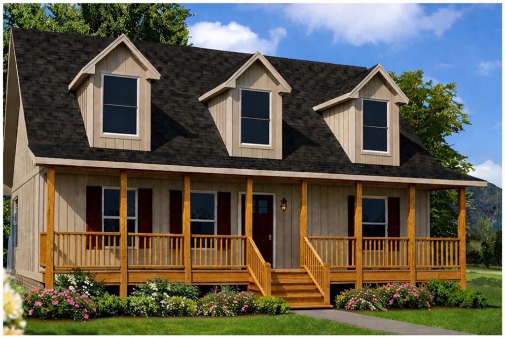 New custom-built house with a wooden porch, three dormer windows, and a dark shingle roof, set in a lush green landscape under a blue sky.