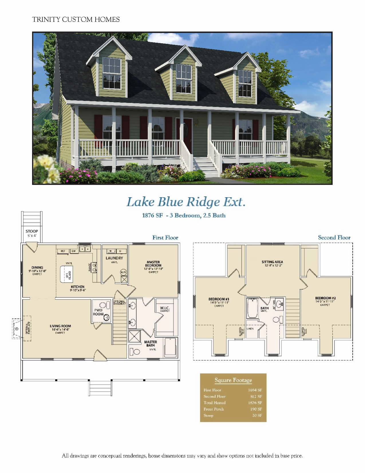 lake blue ridge home rendering and floor plan