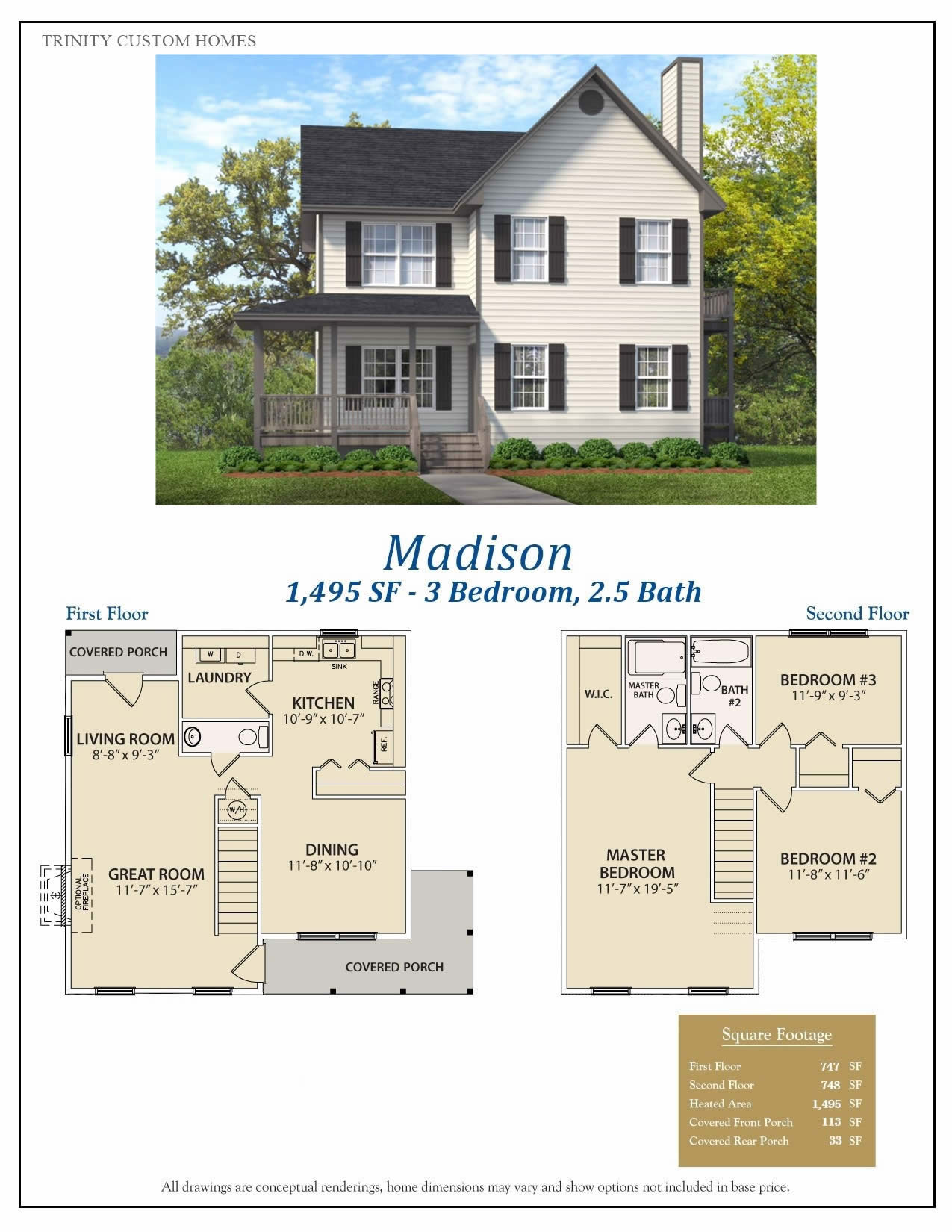 Madison custom 2 story home rendering and floor plans