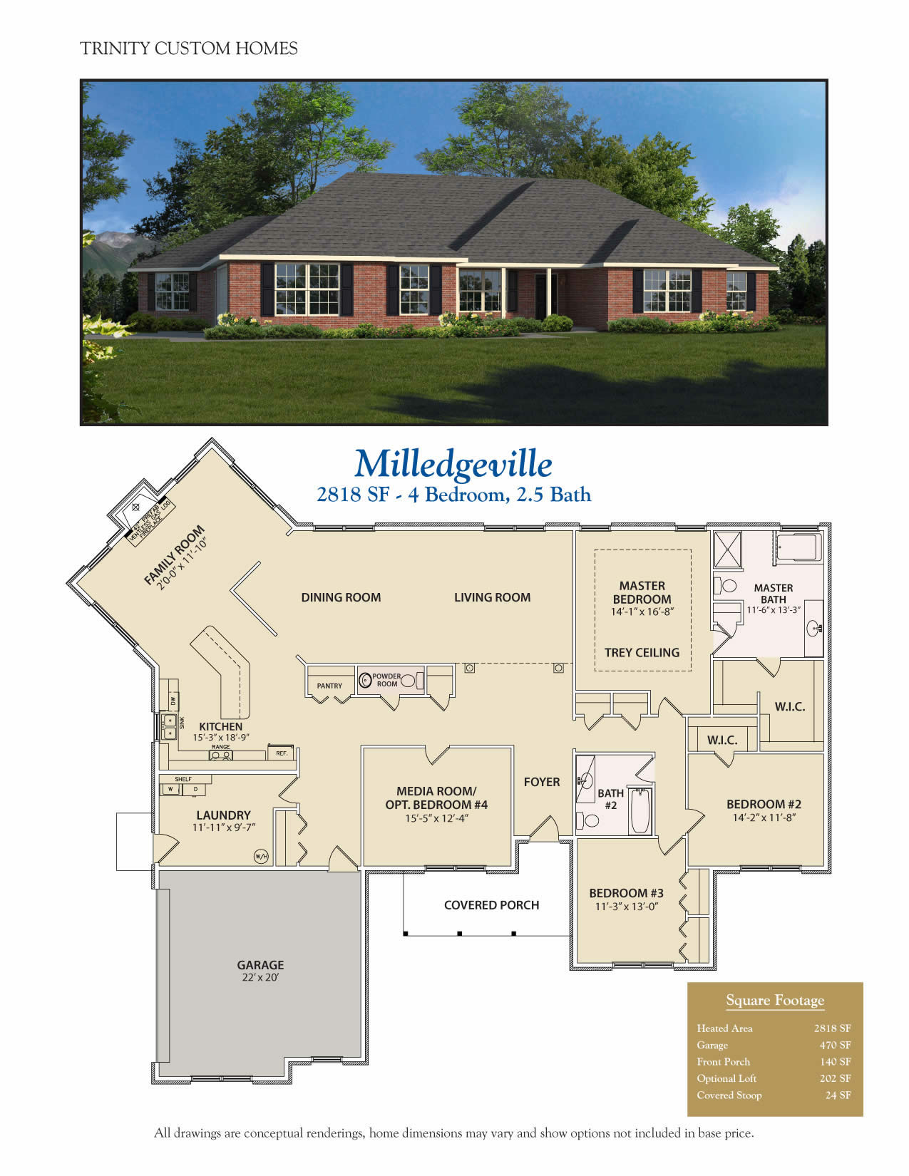 Milledgeville ranch 4 bedroom home rendering and floor plan