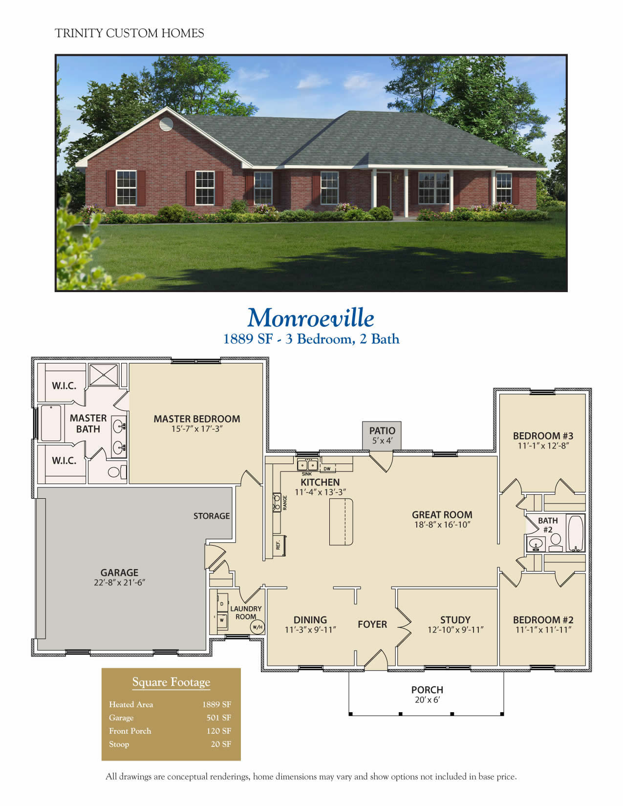 3 bedroom ranch monroeville custom home floor plan and rendering