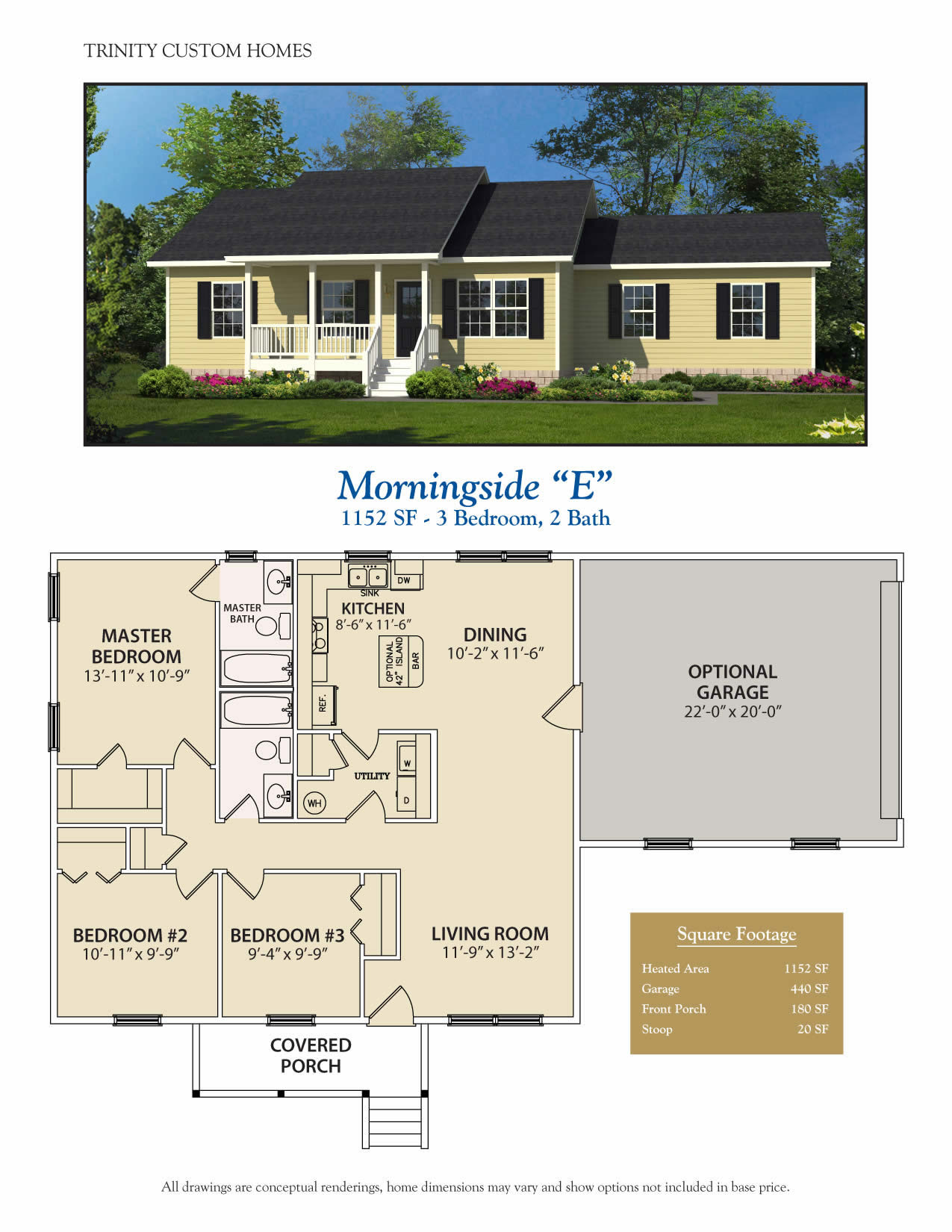 yellow home with front porch rendering and floor plans