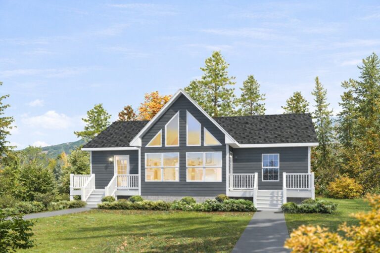 Modern Oak Ridge home with large glass windows, gray siding, and a spacious front porch, surrounded by lush greenery and trees.