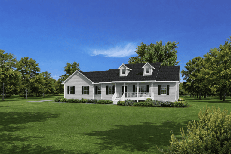 Beautiful white custom home with a spacious front porch, surrounded by lush green lawn and mature trees, showcasing elegant architecture and outdoor living space.