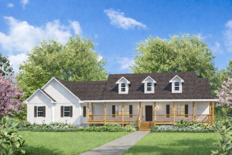 Beautiful Savannah-style home featuring a spacious front porch, white exterior, and dormer windows, set amidst lush greenery and mature trees under a bright blue sky.