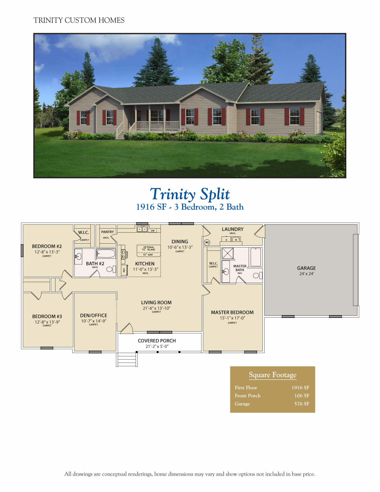 Trinity split ranch custom home rendering and floor plan