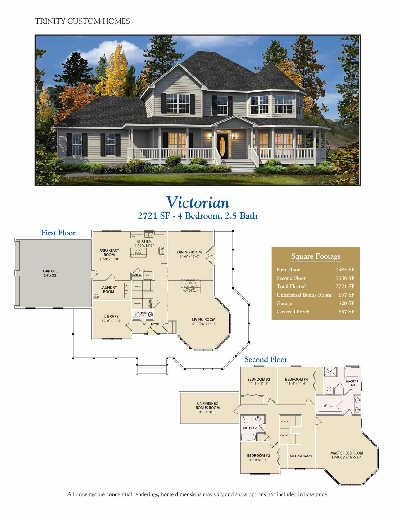 victorian custom home rendering and floor plans