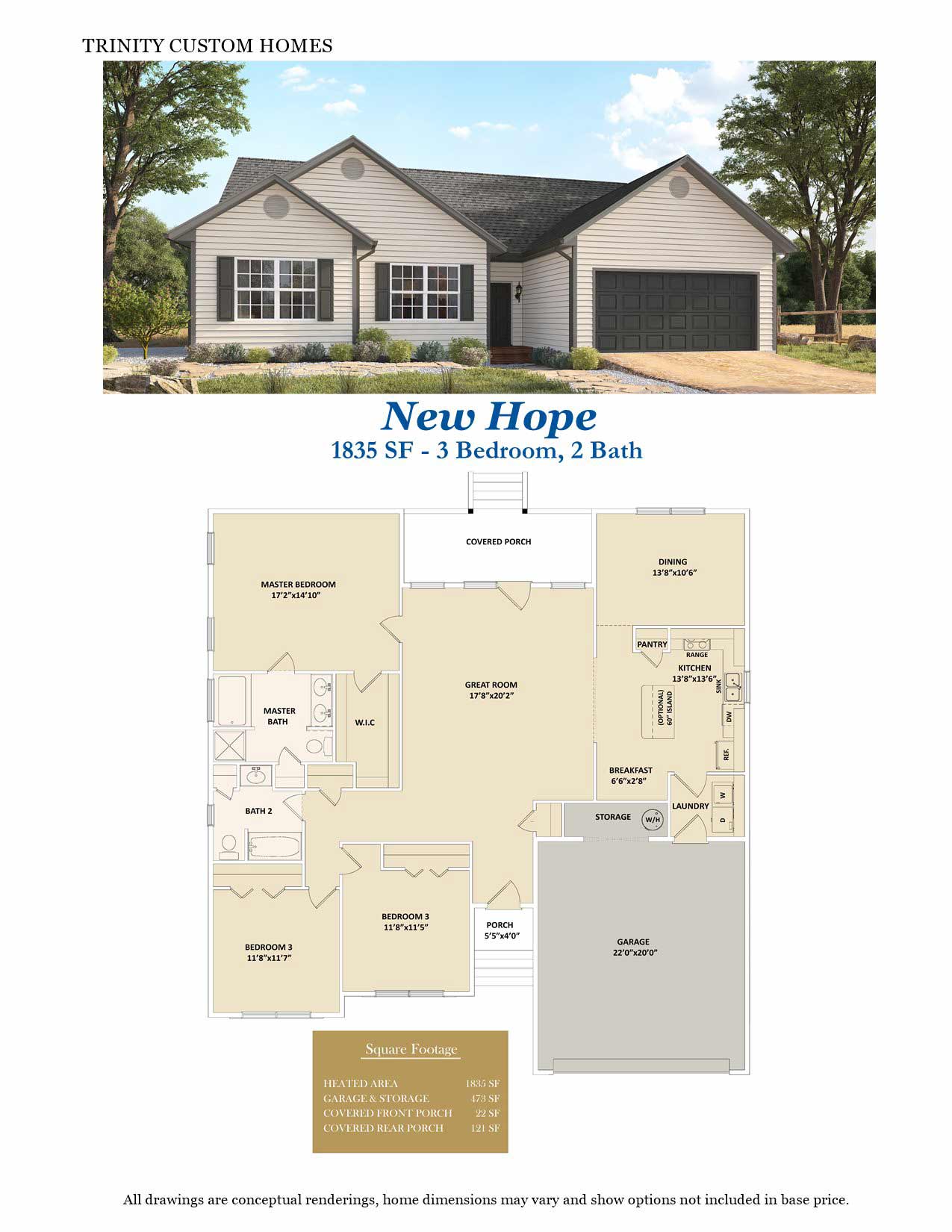 New Hope 3 bedroom, single story custom home rendering and floor plan