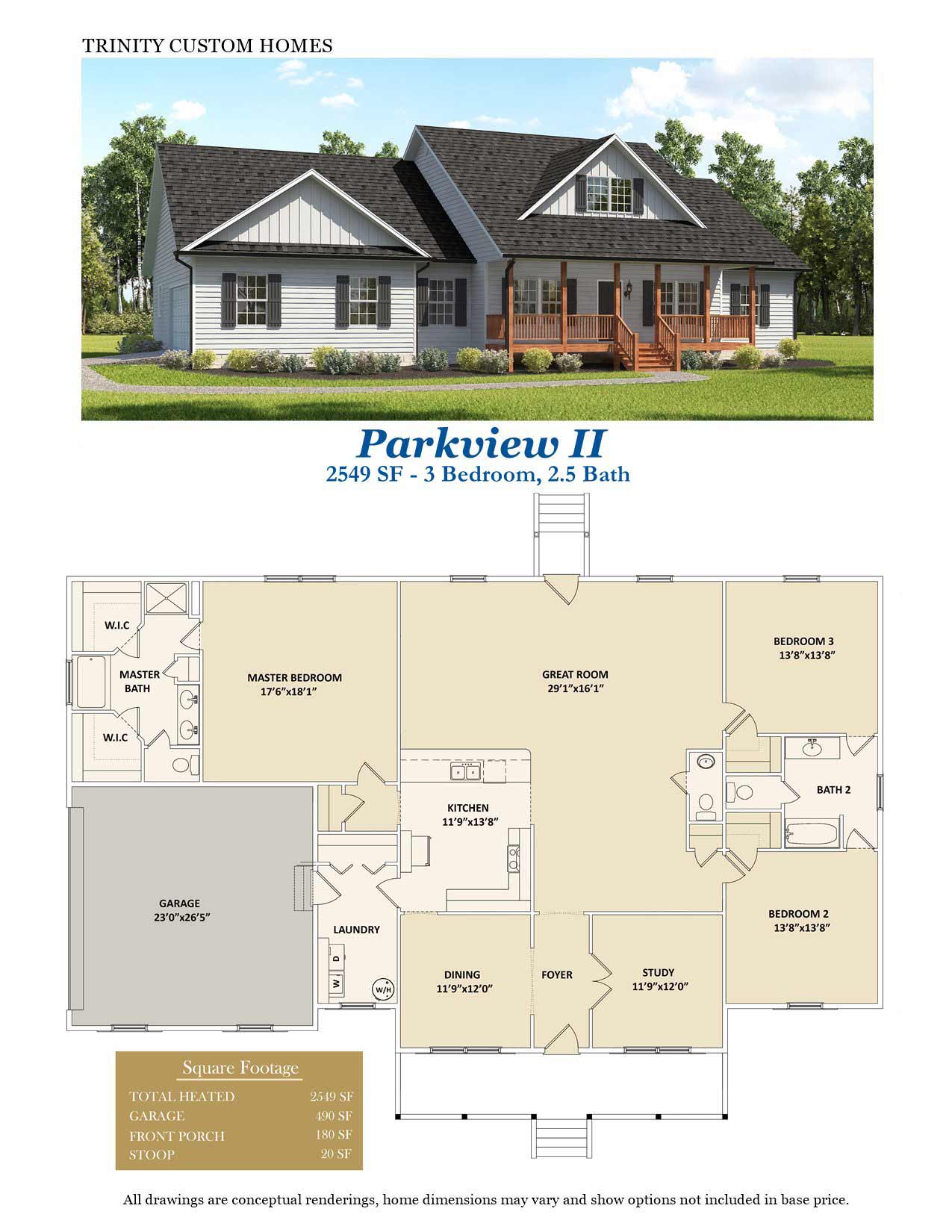 Parkview II 3 bedroom custom home rendering and floor plan